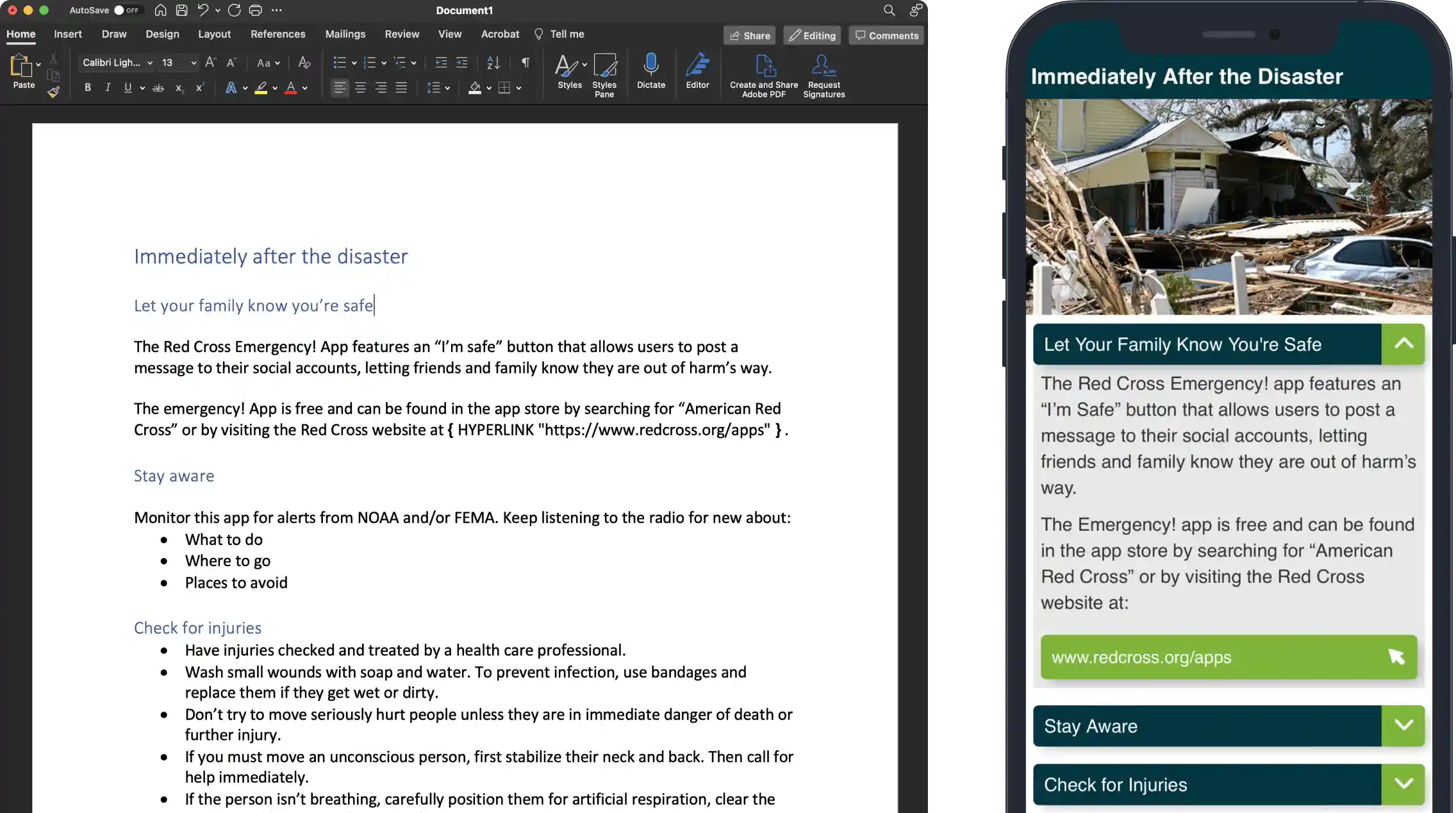 A generic word document with no visual or interactive elements about what to do after a disaster and a screenshot in a smartphone of the QuickSeries eGuide titled resilience after disaster.