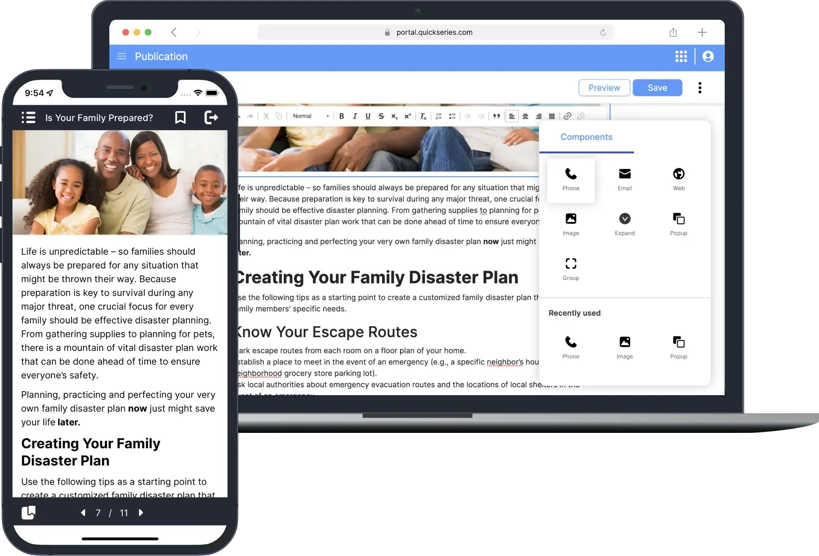 The main screen of the custom published is your family prepared? eGuide detailing a family disaster plan. In the background is the image of the Authoring Tool CMS that is feature used to create the eGuide, the components wind is open showing all the elements that can be used in an eGuide