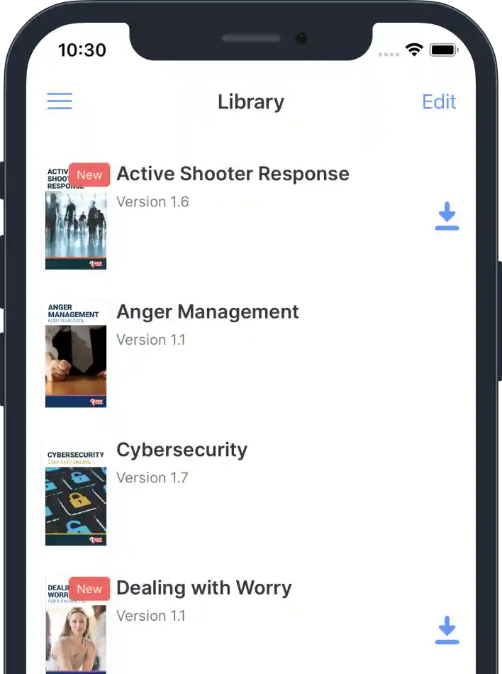 A smartphone showing the library module in a QuickSeries Connect app with preparedness and mental health content.
