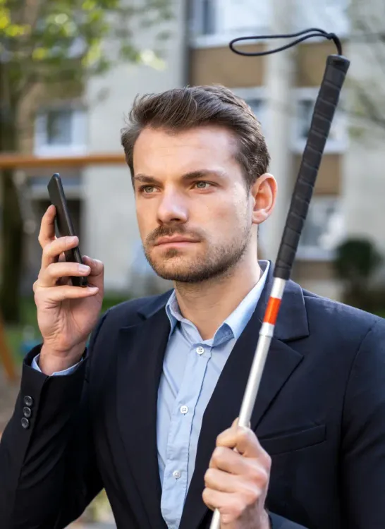 A visually impaired man using his phone