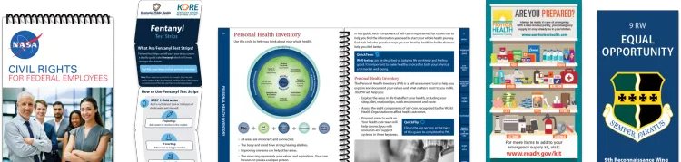 Cover set of QuickSeries print formats including a pocket guide on civil rights for employees a fentanyl safety wallet card, personal health desk guide inside preview, are you prepared magnet and equal opportunity pamphlet