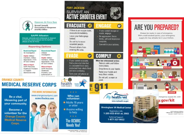 A selection of quickseries magnets & message cards addressing active shooter events and intimate partner violence. Other custom formats are from the Orange County medial reserve corps and  the Birmingham VA medical center
