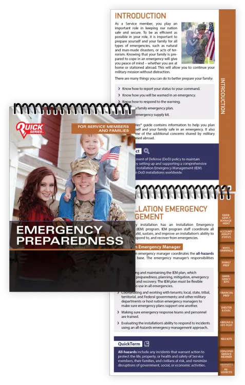 A military family on the cover of the spiral bound quickseries pocket guide about Emergency preparedness for service members and families and the inside of the pocket guide showing the tabbed table of contents