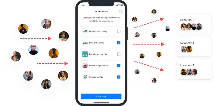 The workspaces delivery option user menu in a smartphone. It shows the multiple options available in Florida for the user including specific counties such as Broward, Miami-Dade and Hillsborough.